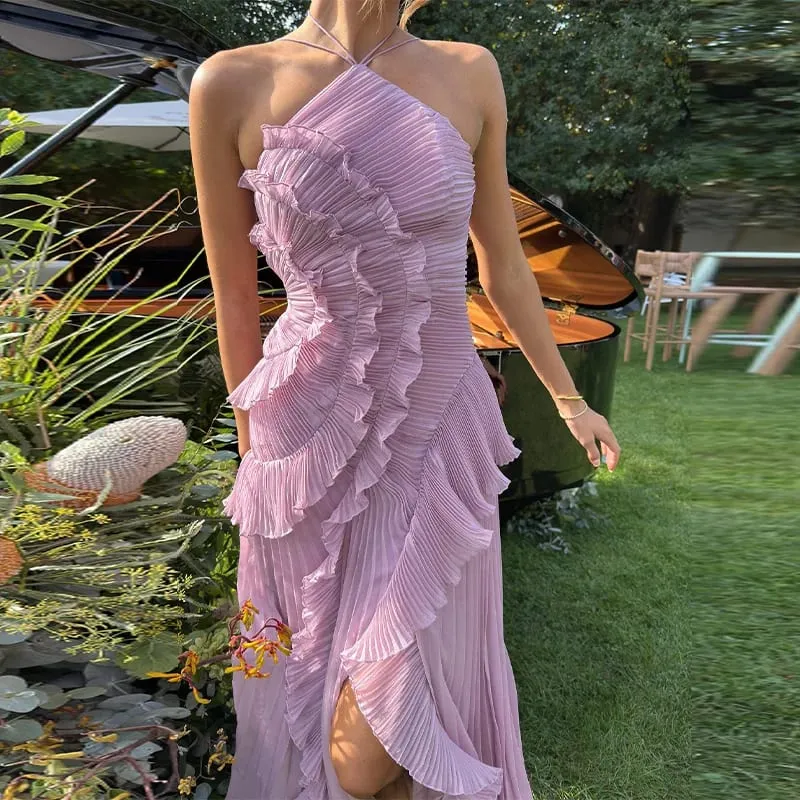 Chic pleated halter neck long vacation dress high quality purple strapless Lotus Edge Maxi Dress 2026 New Lady Vacation Gowns — image 2