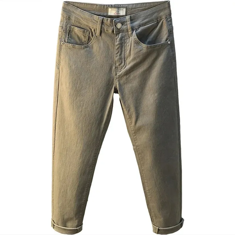 Light luxury men's jeans 2025 summer thin stretch tapered small straight leg casual versatile denim solid color pants
