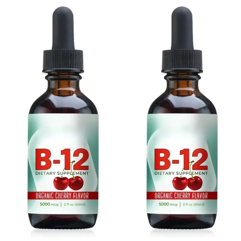 Vitamin B12 Methylcobalamin Liquid Drops 5000 mcg třešňová příchuť 2 fl oz 60 porcí Veganský denní doplněk bez cukru