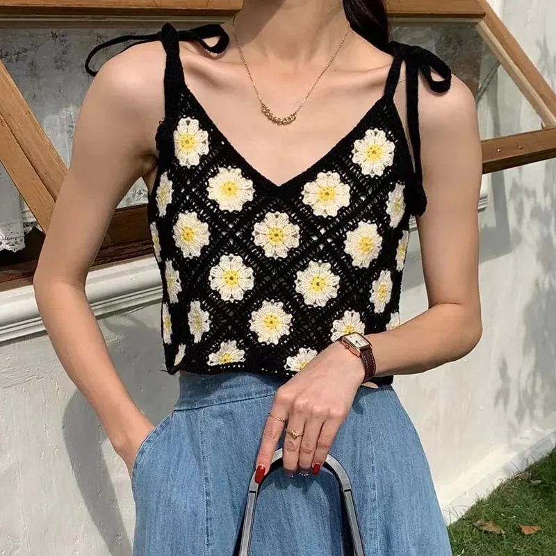Floral Crochet Top with Tie Shoulder Strap Open-knit Cami Tank Women Teengirl Boho Crop Top Summer Vacation Bohemian Clothes — image 1