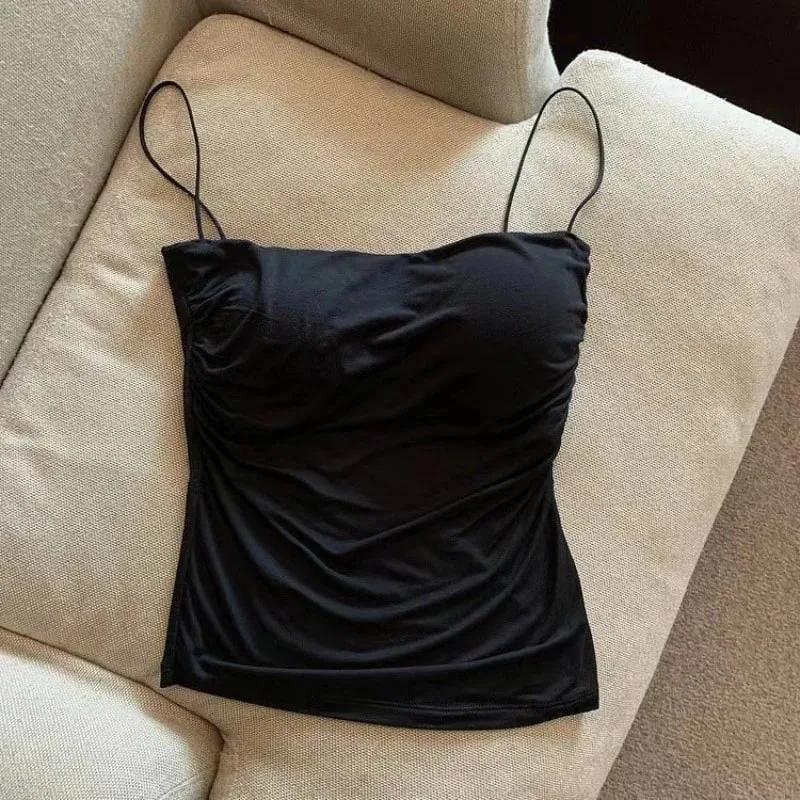 Sexy Solid Pleated Tank Camisole Women's Summer Spaghetti Strap Sleeveless Tops — image 10