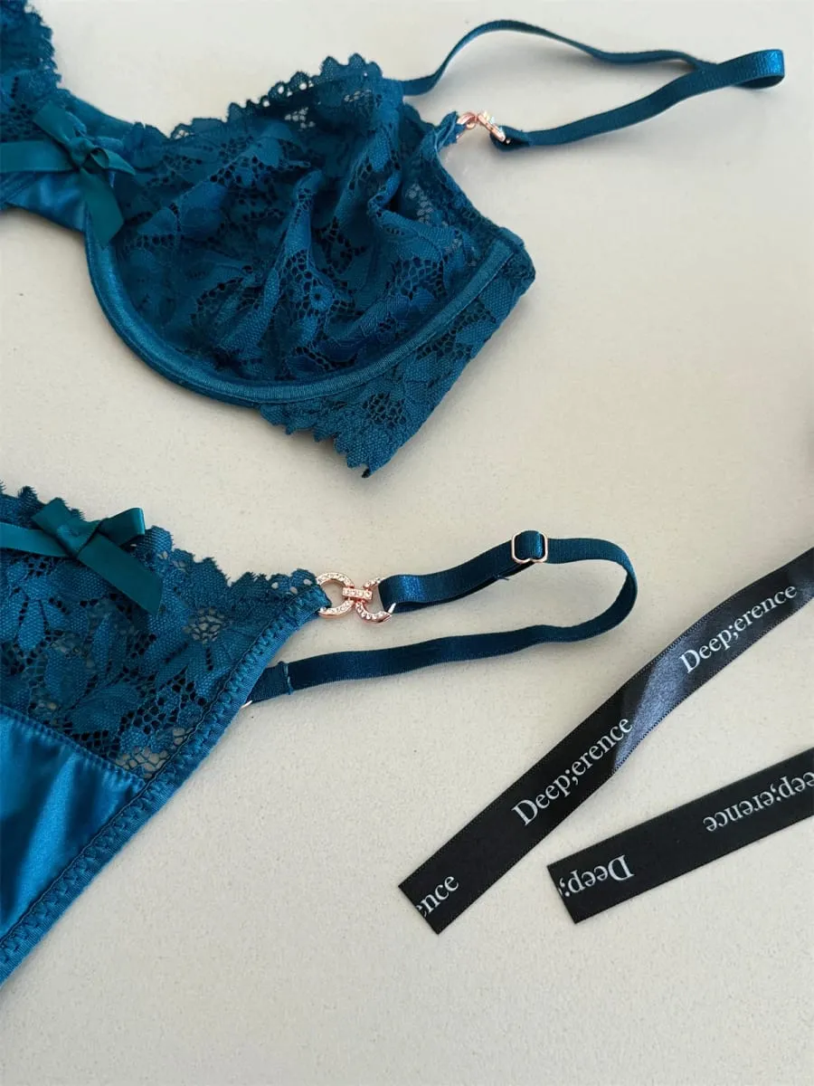 Charmoso nicho de cetim tesouro azul lingerie renda sexy anel de aço fino suporte superior conjunto de sutiã reunido roupa íntima feminina — image 3