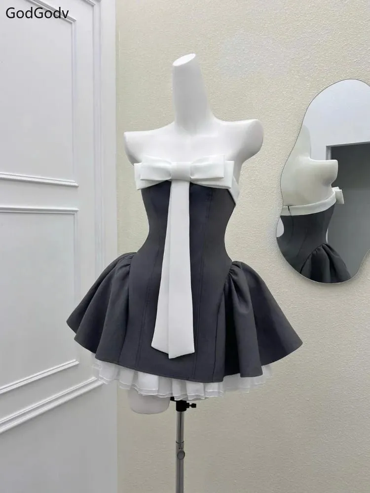 Summer New Vintage Elegant Woman Dress Strapless Bow Patchwork High Waist Puffy Mini Dress Female French Chic Sexy Outfits 2025 — image 4