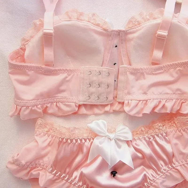 Set di lingerie dolce retrò giapponese, morbido e carino pigiama con fiocco, confortevole, senza reggiseno ad anello in acciaio, per petto piccolo — image 7