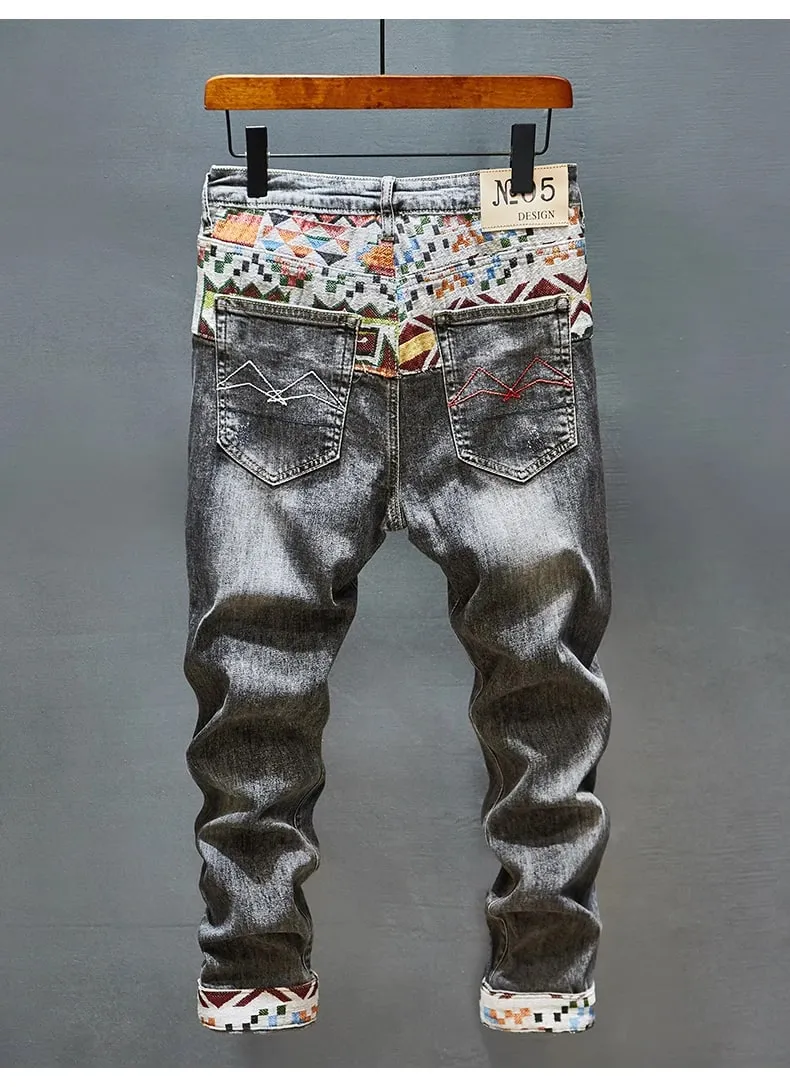 Stitching Embroidered Printed Jeans Men's Cool Smart Street Fashion Design Pattern Slim Fit Feet High-End Washed Trousers — image 11