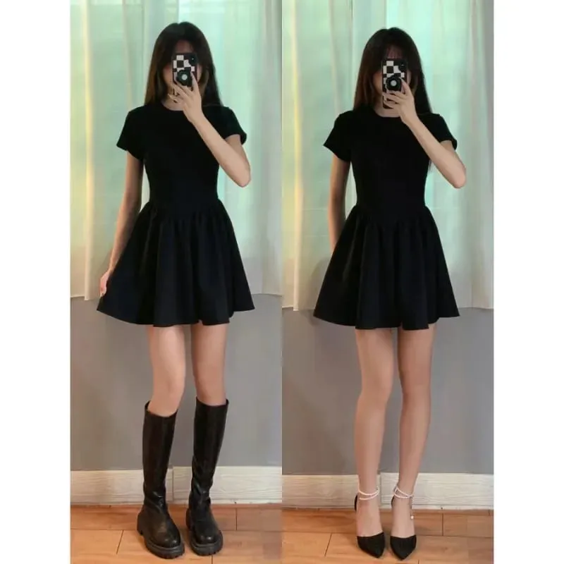 Petite Black Dress High-End Knit Spring Summer Cinched Waist A-Line Slimming O-Neck Short Sleeve Mini Stylish for Junior Ladies