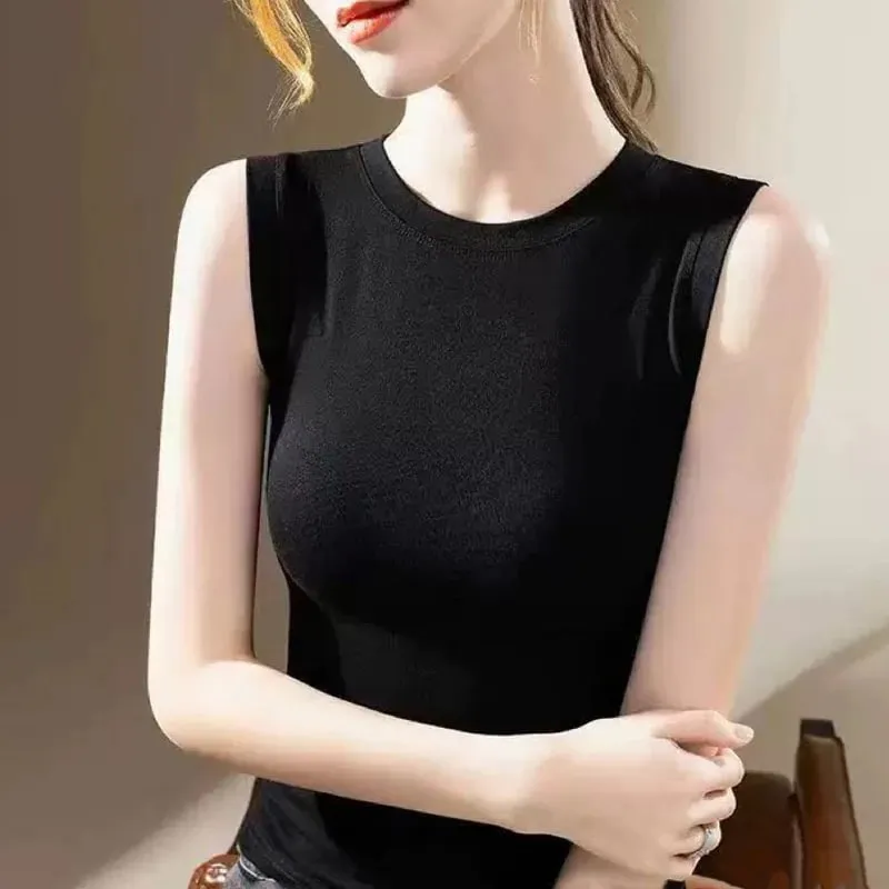 1pcs Spring Summer Women Knitted Tank Tops Girl Thin Tops Lady Basic Casual Tank Tops Round Collar Tees Sleeveless Top M~3XL — image 2