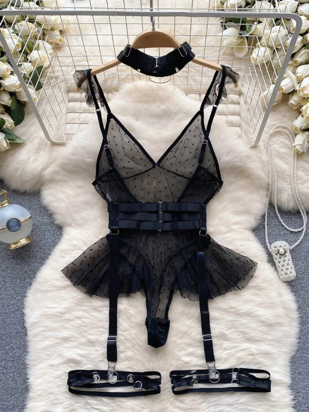 ssTss Ins trendy Girl Sexy Mesh Bottom Strap V-neck one-piece Top bodysuit women's Slimming Waist Ruffle Hemp Vest Jumpsuit — image 6