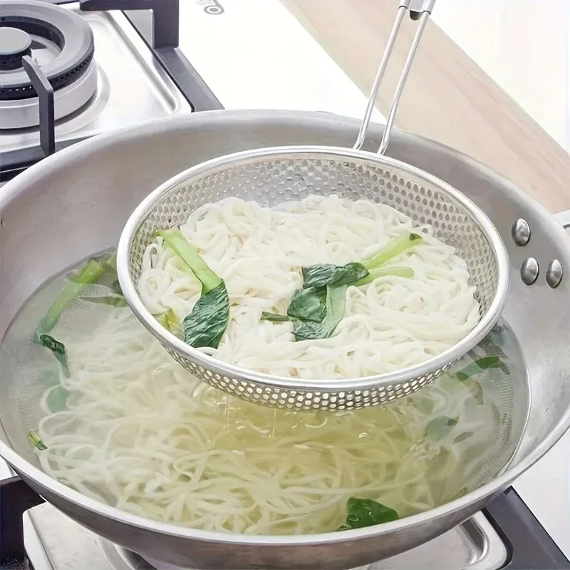 Stainless Steel Colander with Wooden Handle - Fine Mesh Skimmer Spoon for Cooking Food Prep Grease Filtering for Pasta Noodles