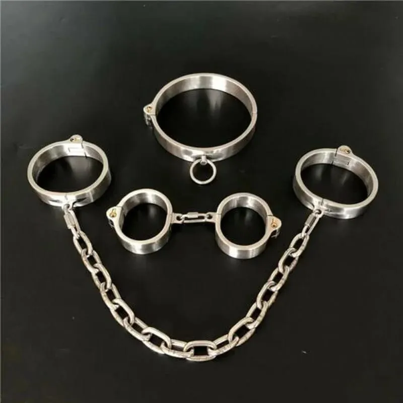 Stainless Steel Lockable Neck Collar Hand Ankle Cuffs Slave BDSM Tool Bondage Handcuffs Leg Irons Restraints Sex Toy for Couples — image 1