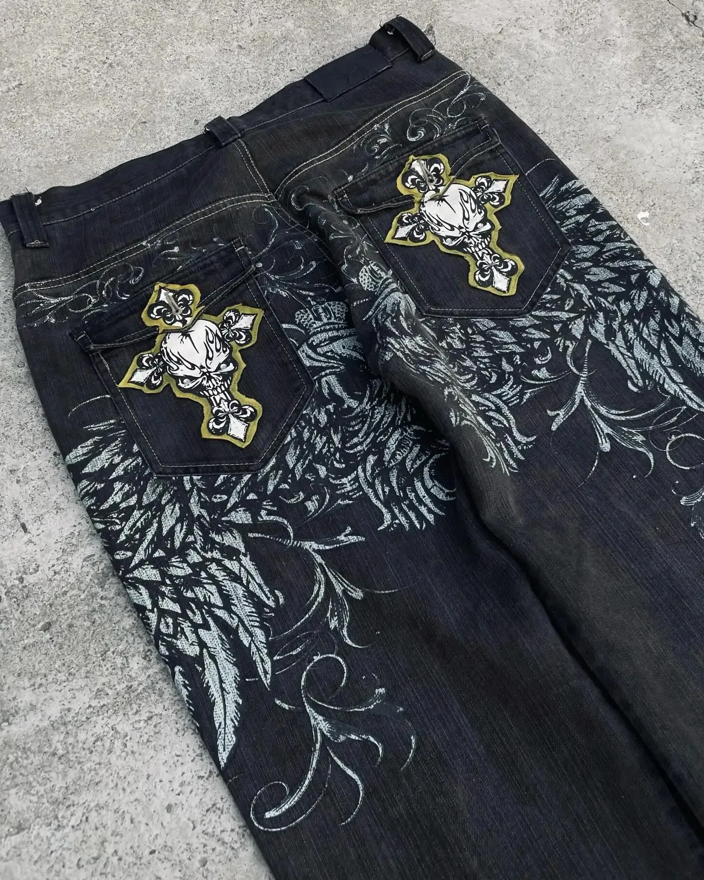 Gothic Retro American Y2K Cross Embroidery Patchwork Baggy Jeans Men Streetwear Casual Straight Wide-leg Pants Couple Jeans — image 4