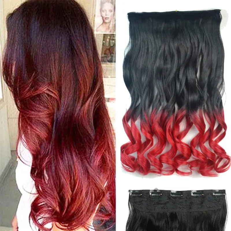 24 Inch Ombre Dip Dye Long Curly Clip in Hair Extensions Two Tone Thick Full Head Synthetic Hairpieces (Black to Dark Red) — image 8