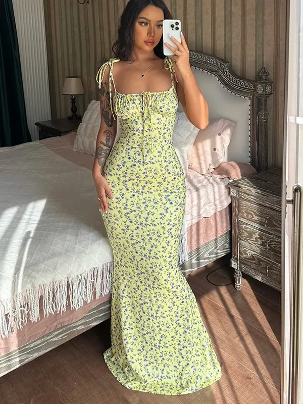 Hugcitar květinový potisk Bez rukávů Bez záda Šněrovací Maxi šaty Sexy Bodycon Léto Elegantní outfity Sváteční párty Velkoobchod — image 9