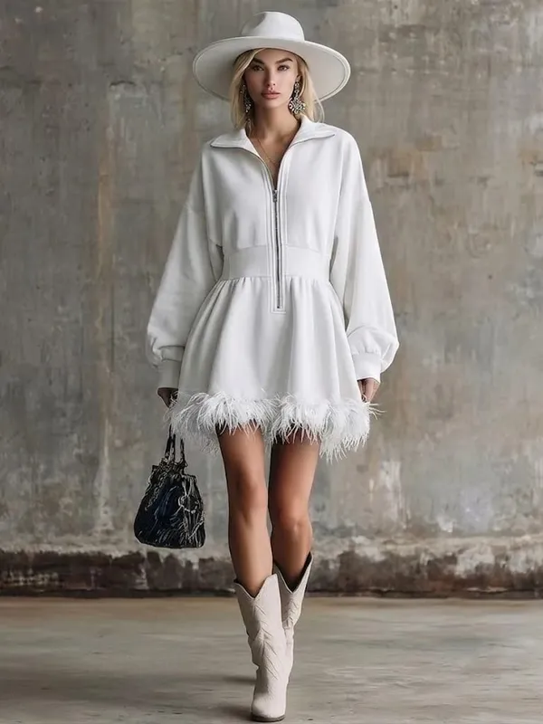 Fashion Dress Autumn Winter Casual Solid Color Simple Street Style Long Sleeved Zipper V-neck Feather Edge Cinched Waist Dresses — image 11