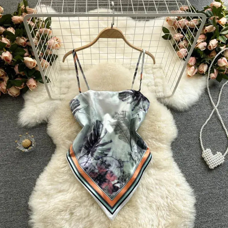 Women Sexy Backless asymmetrical lace-up Camis Print Tank Top Chic One-piece Corset Bustier Summer Beach vacation Crop Top — image 5