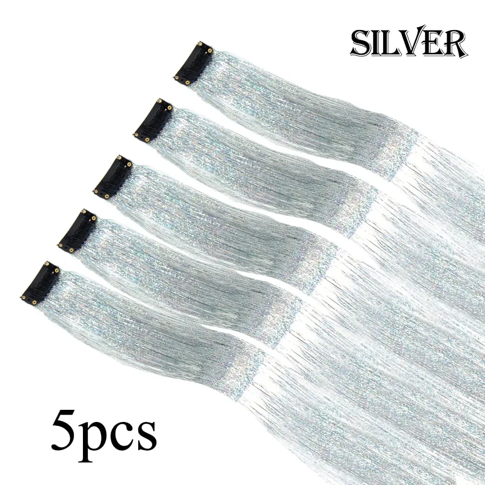 Wholesale 5Pcs/Pack Sparkling Shiny Hair Extensions Clip In Sparkle Shiny Hair Tinsel Rainbow Shiny Sparkle Hair Tinsel Pink/Red