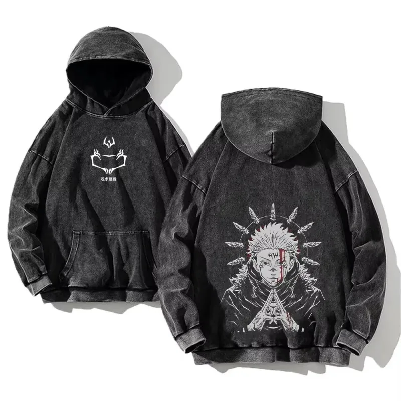 Japanese Anime Jujutsu Kaisen Print Hooded Pullover Men Hip Hop Sweatshirt Vintage Hoodie Harajuku Cotton Sweatshirts