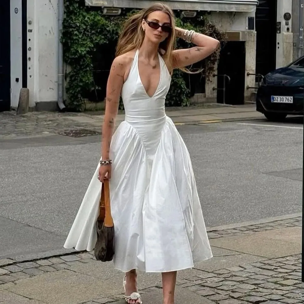 Talenza Backless Deep V Spliced Long Dress Summer Women's Sexy Party Dress Halter New Fashion Slim White Sleeveless Long Dress — image 2