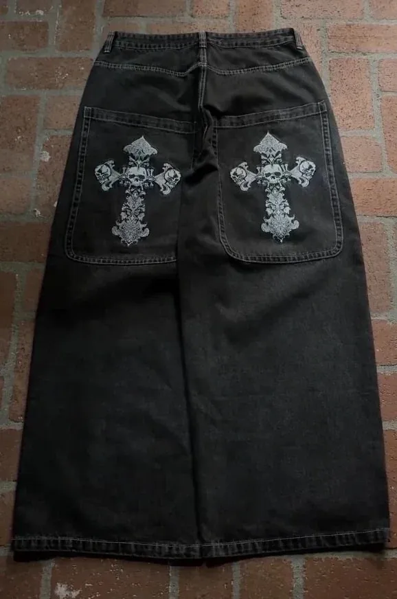 Y2K Gothic Nuclear Waste Embroidery Jeans Punk Straight Wide-leg Denim Pants Men Fashion Hip Hop Retro Baggy Jeans Streetwear — image 9