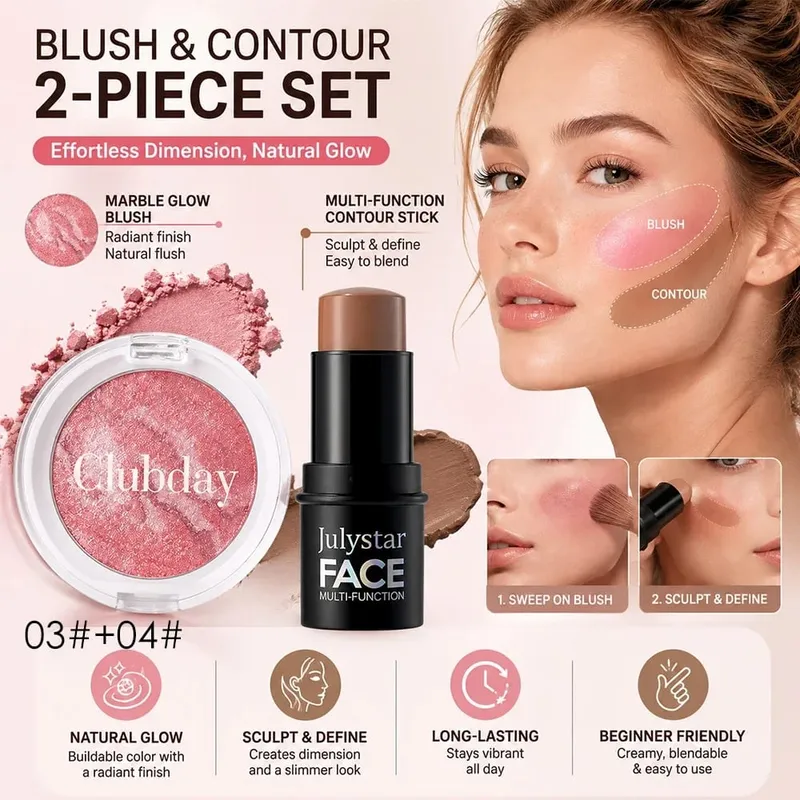 Blush & Contour 2‑Piece Set Marbled Baked Blush Powder & Contour Stick Blendable for Natural Sculpted Daily Face Makeup — image 7