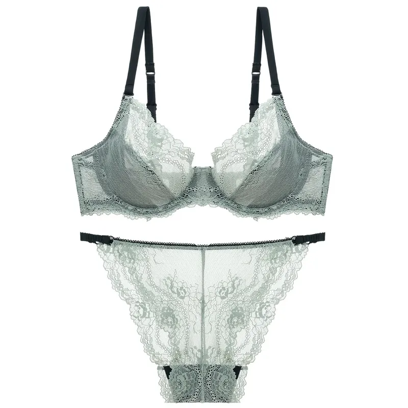 French Ultra Thin Underwear Set Sexy Lace Breathable Bra Set Women Comfortable Soft Intimates Lingerie Plus Size Bra Briefs Set — image 1