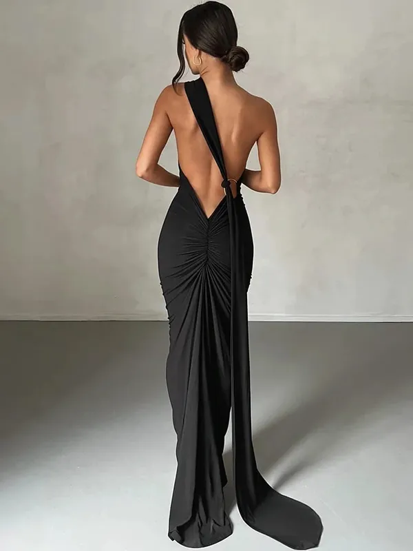 Hugcitar One Shoulder Rygløs justerbar tørklædeløkke Ruched Sexet Maxikjole 2025 Kvinder Elegant Y2K Streetwear Festival Outfit — image 18