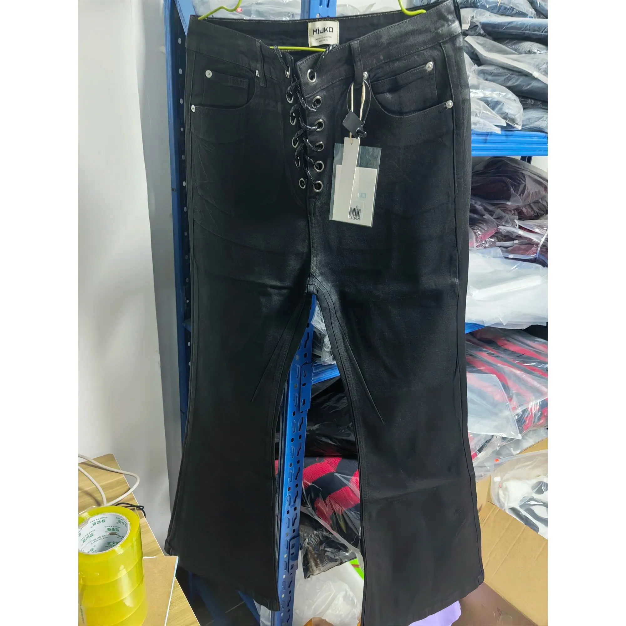Rivestimento batik vintage Jeans svasati slim fit neri Nastro elasticizzato elasticizzato Y2k Jeans streetwear skinny casual con fondo a campana — image 3