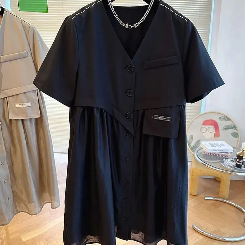 Stylish Asymmetrical Patchwork Midi Dress Women's Clothing Fake Two Pieces Loose Summer V-Neck Button Basic Solid Color Dresses — image 4