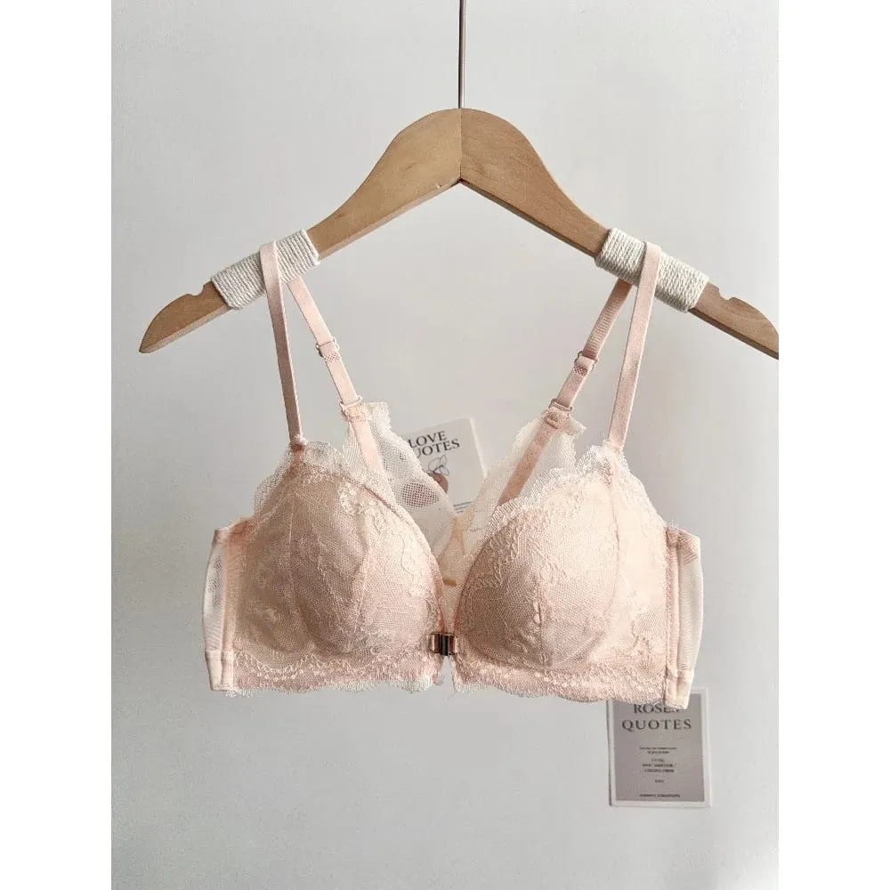 Set Bra Renda Payudara Kecil Wanita Penutupan Depan Wayarles Cantik Belakang Tekan Ke Atas Bra Pakaian Dalam Harian Lembut Saiz 32‑38AB — image 2
