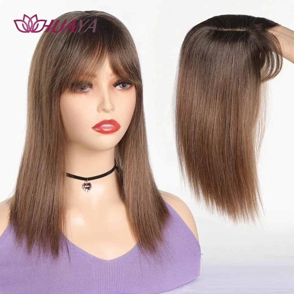 Synthetic Long Straight Topper Wig Clip in Hair Extensions Natural Fluffy Head Top Fake Hair Piece with Bang Clip Black Brown — image 2
