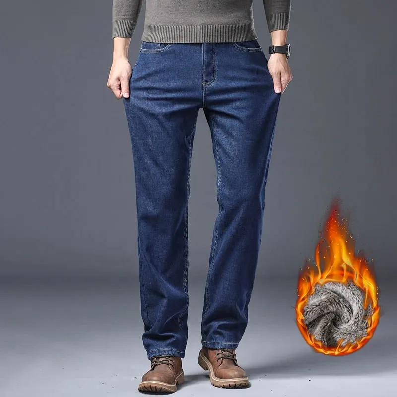 Calça jeans grossa forrada de lã masculina, calça jeans quente estiramento slim fit confortável e macia para uso diário, roupas de trabalho — image 3