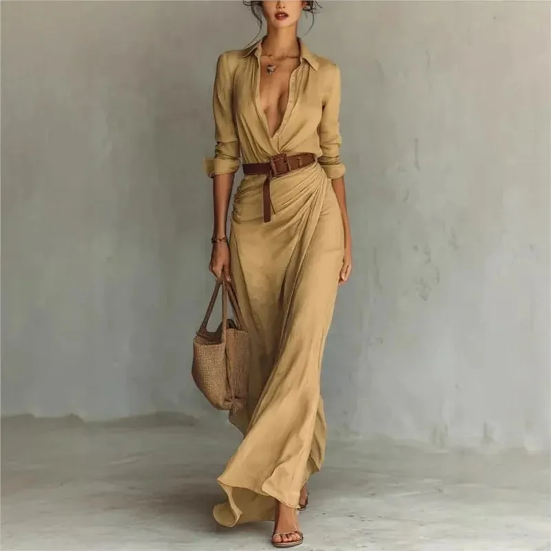 Damesmode effen vakantie feestjurk elegante revers knoop gedrapeerde lange jurk casual lange mouw match met riem shirtjurk — image 4
