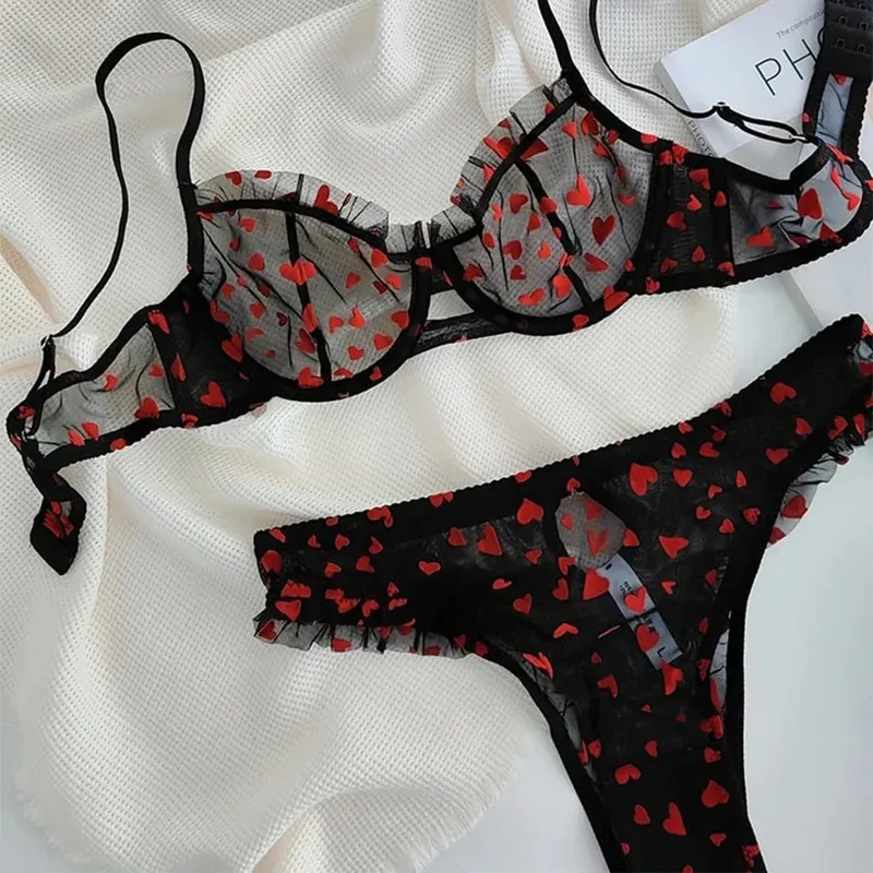 2 Pieces Lingerie Set Sexy Ultra Thin Breathable Brassiere for Women Push Up Bra Set Summer Mesh Romantic Peach Heart Intimates — image 8