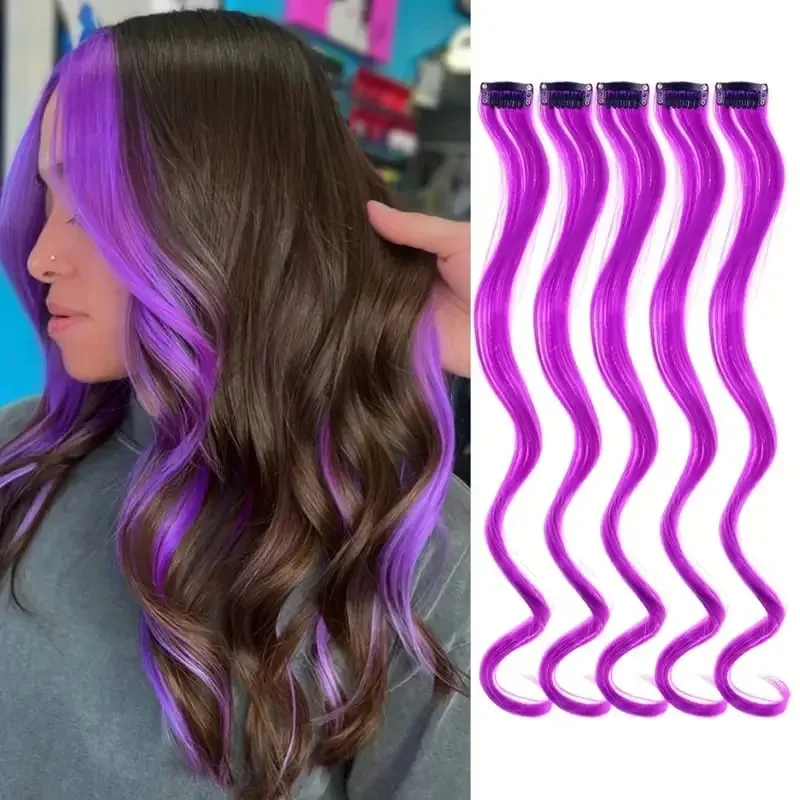 5Pcs Colored Hair Extensions Party Highlights Curly Wavy Hairpiece Clip In Synthetic Streak For Girls Women Halloween Wig — image 9