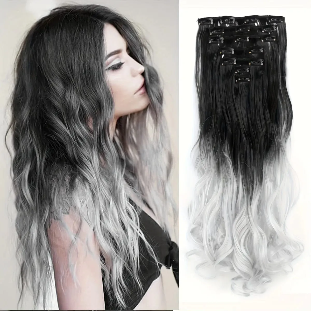 Clip in Long Wavy Synthetic Hair Extension 22 Inch Black 7PCS Thick Hairpieces Fiber Double Weft Hair for Women