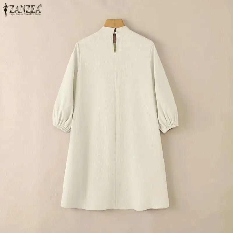 ฤดูร้อนผู้หญิง Elegant จีบชุดคอ 3/4 พัฟแขน Crinkled A-Line เข่าความยาวชุดลำลอง Robes femme — image 2
