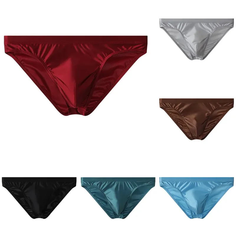 Cueca de biquíni masculina luxuosa de cetim marrom, cintura alta elástica, suave e brilhante, com bolsa de contorno 3d, respirável, íntima — image 9