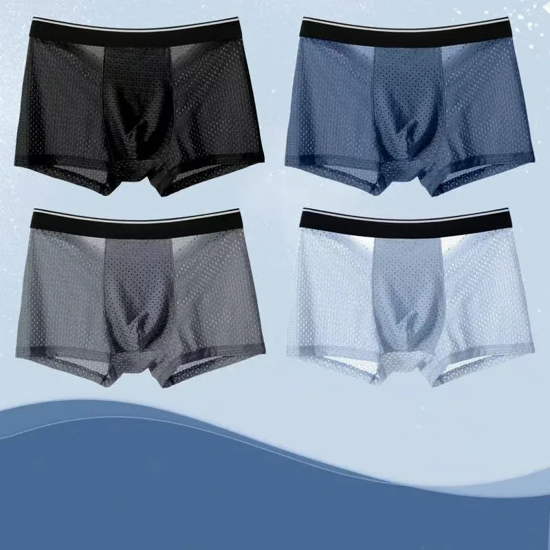 4Pcs/LotMen's Ice Silk Underwear Plus Size Shorts Mesh Boxers Mesh Breathable Underwear Antibacterial Quick Drying Underwear Men