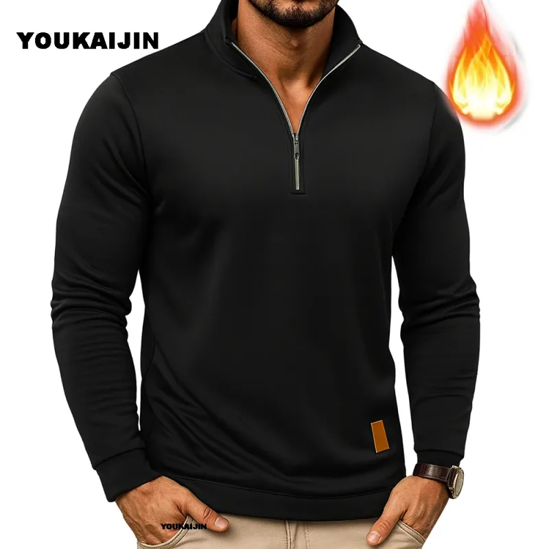 Moletom masculino primavera mais grosso pulôver quarto zíper pulôver para masculino com capuz ao ar livre sweatshir outono cor sólida gola alta — image 2