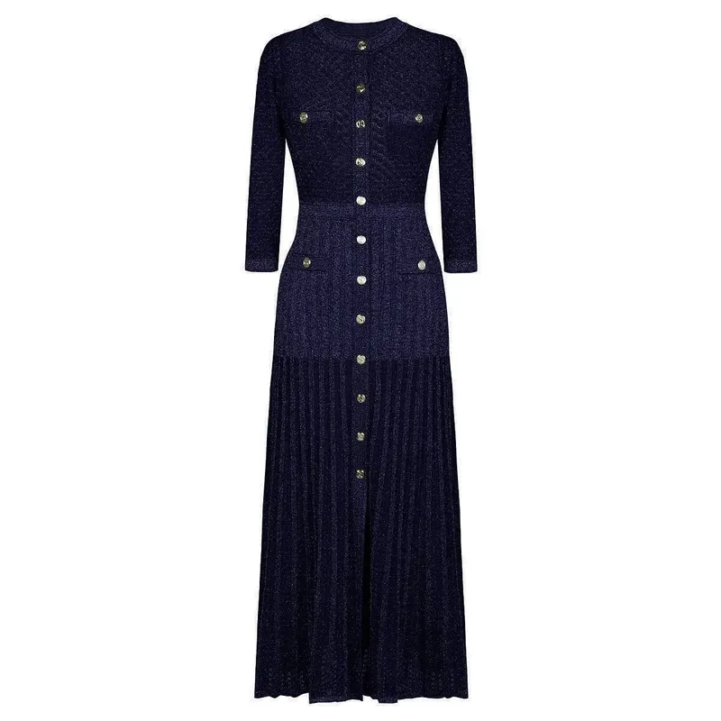 High Quality Fashionable Elastic Bright Silk Knitted Round Neck 7-inch Sleeve Single Row Button Lace Slim Fit Women's Dress