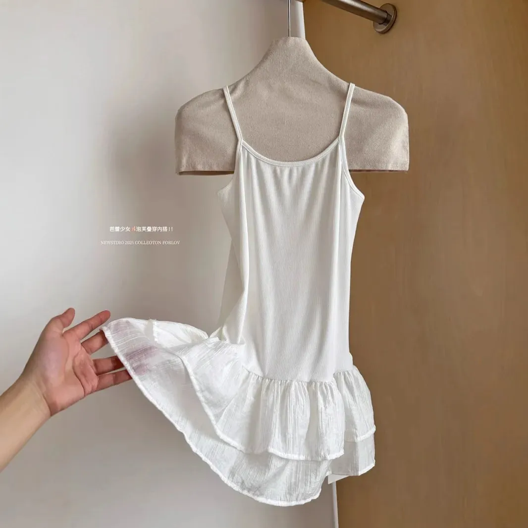 White Camisole Top for Women with Ruffle Double-layer Skirt Women Sleeveless Tank Top Splicing Slimming Strapless Base Vest Tee — image 5