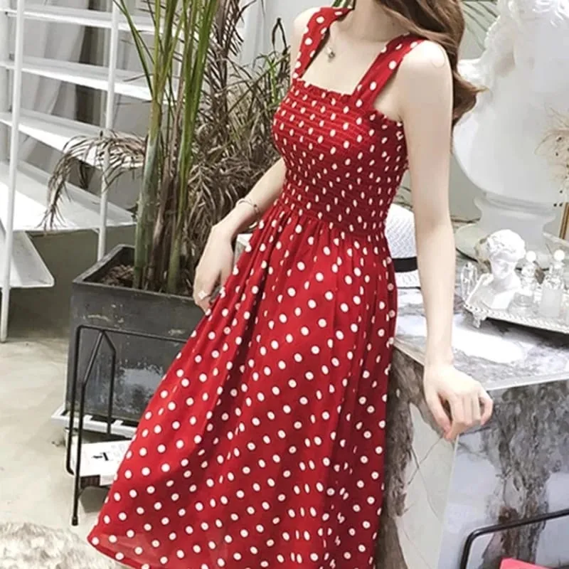 Women Summer Sleeveless Dot Dress Sexy Backless A-Line Spaghetti Strap Beach Style Dresses Camisole Off-Shoulder Folds Vestidos — image 1
