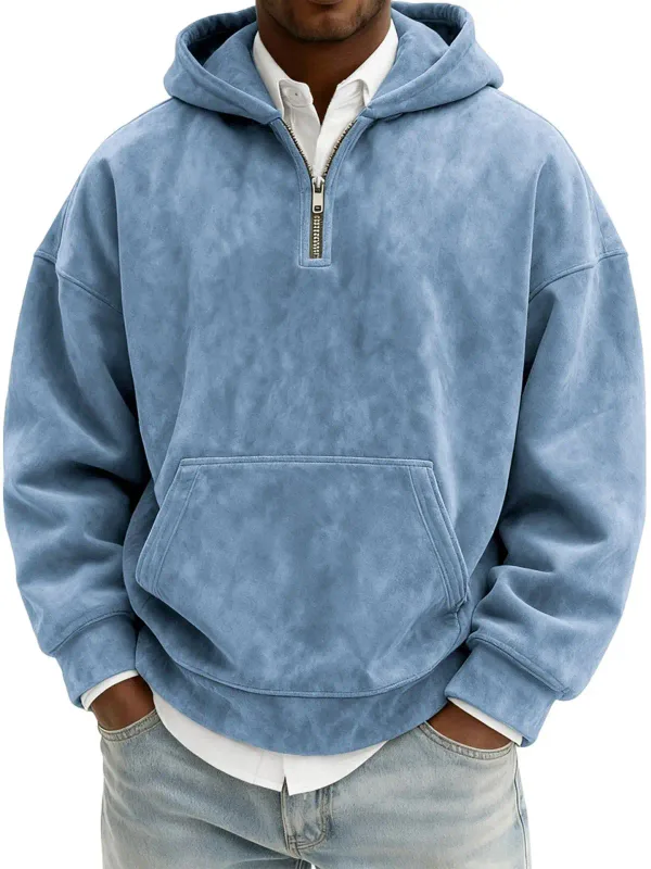 Amerika Fashion Baru Pria Warna Solid Setengah Ritsleting Lengan Panjang Kasual Trendi Harian Berkerudung Kaus Pria Hoodies Pakaian Atasan — image 7