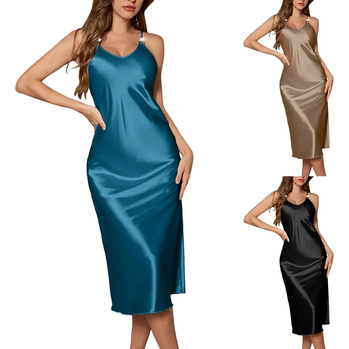 Nattlinne i satäng för kvinnor Sexiga underkläder Nattkläder Spaghetti-rem Cowl-hals Elegant långhals Satin Silk Midi-ätbara underkläder — image 4