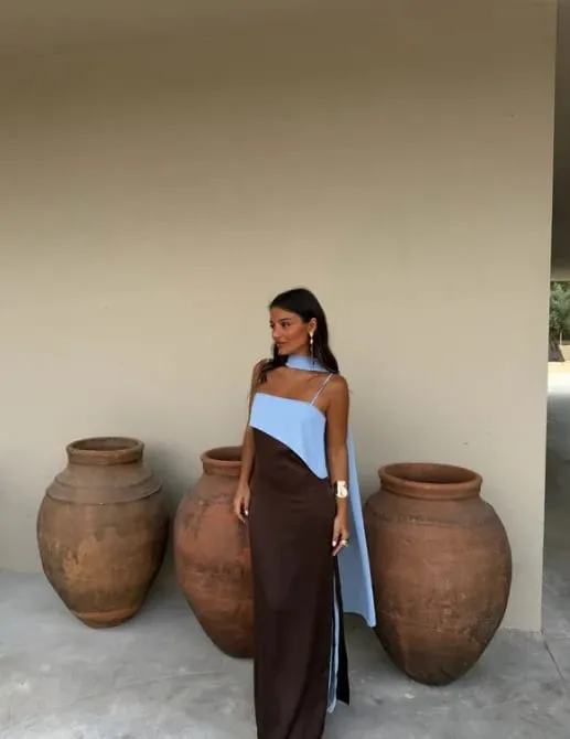 Robe Maxi à bretelles et col écharpe pour femmes, blocage de couleur, bretelles Spaghetti, fente haute, longueur au sol, Robes de soirée pour dames