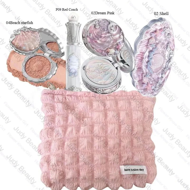 Makeup Flower Knows Set Shell Pearl Series Six Color Eyeshadow Palette Embossed Blusher Shine Lipstick Kit With Bag All In