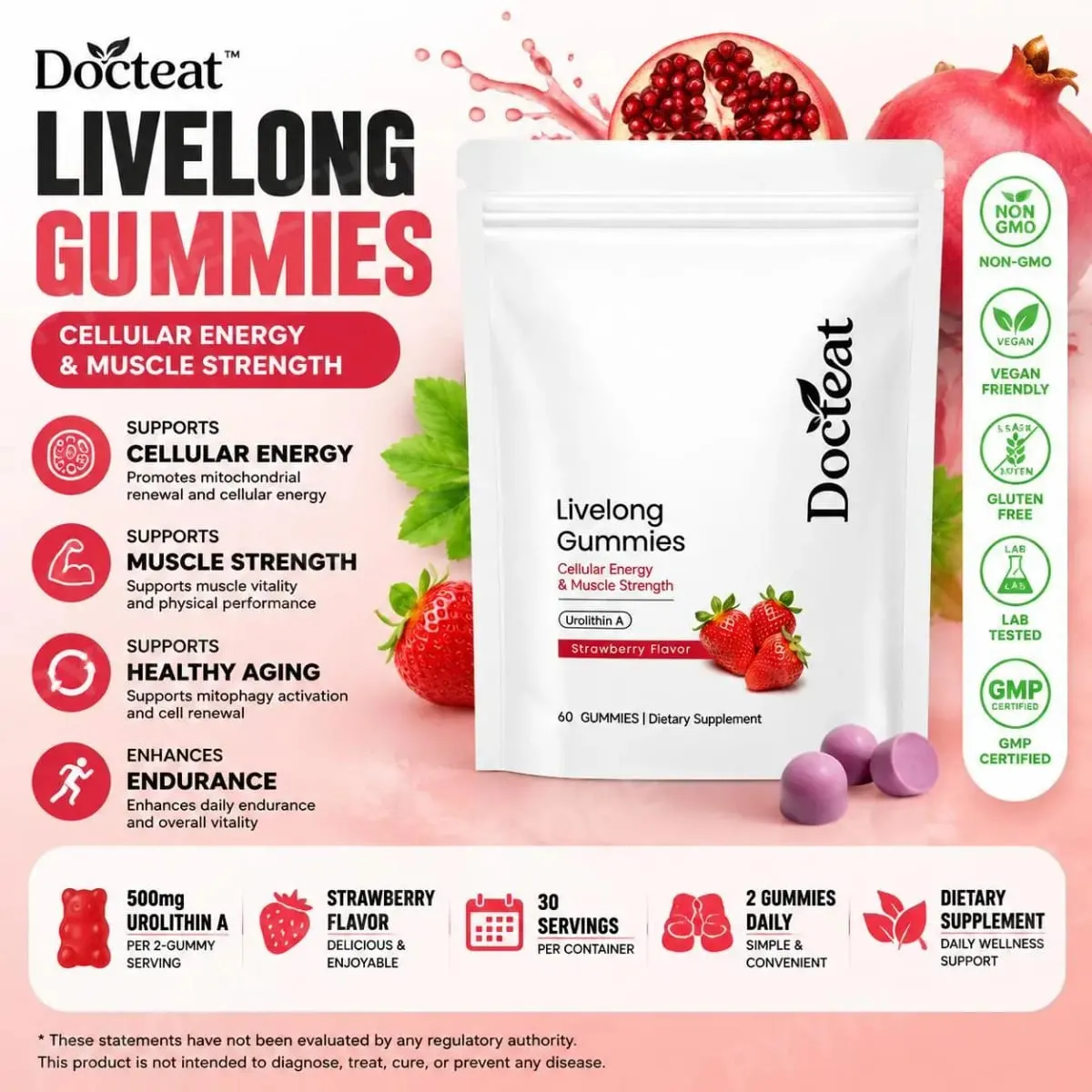 Docteat Urolithin A Gummies 500mg per porzione Gusto Fragola Supporto quotidiano per il benessere cellulare 60 caramelle gommose per uomini donne — image 1
