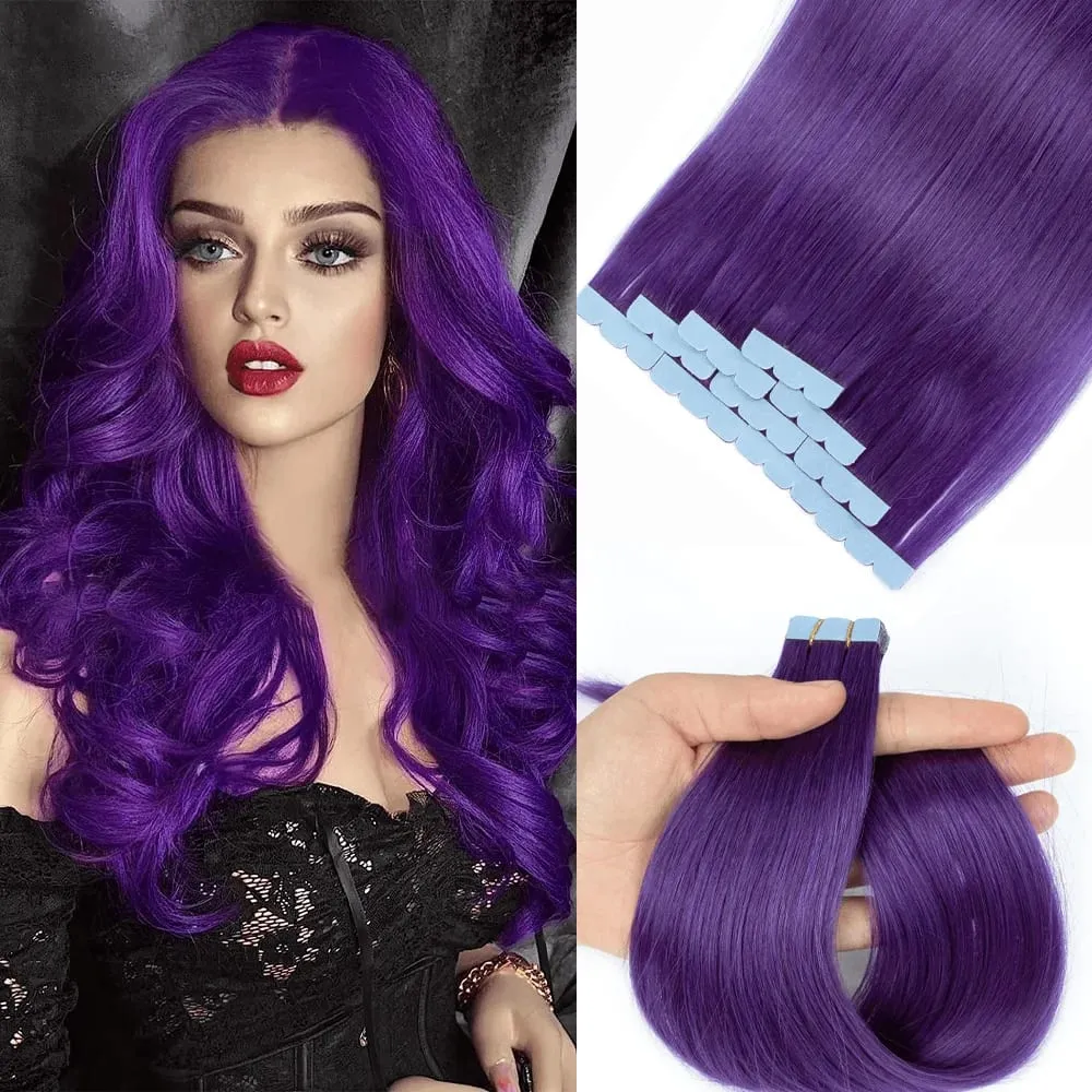 Lavender Purple Mini Tape In Human Hair Extensions 12-24 Inches Micro Tape Hair Seamless Adhesive Hair Pieces For Cosplay