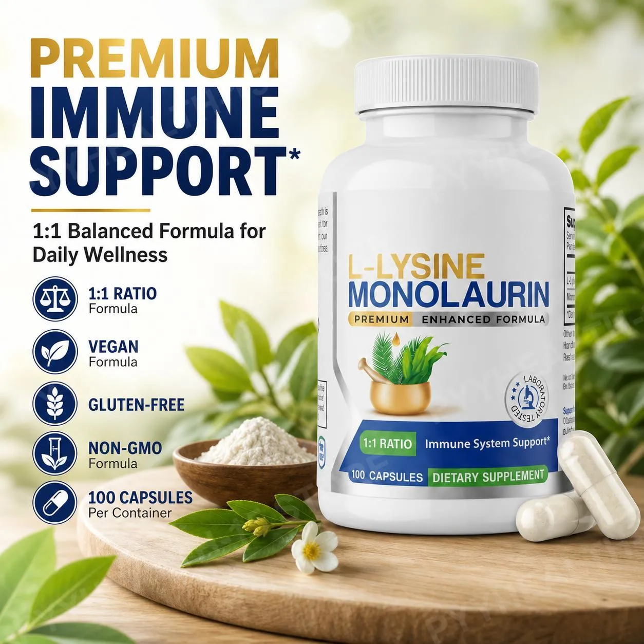 Kapseln mit L-Lysin-HCl und Monolaurin im Verhältnis 1:1, Immune Wellness, tägliche Verteidigung und Gleichgewichtsunterstützung, je 600 mg, 100 Stück — image 1