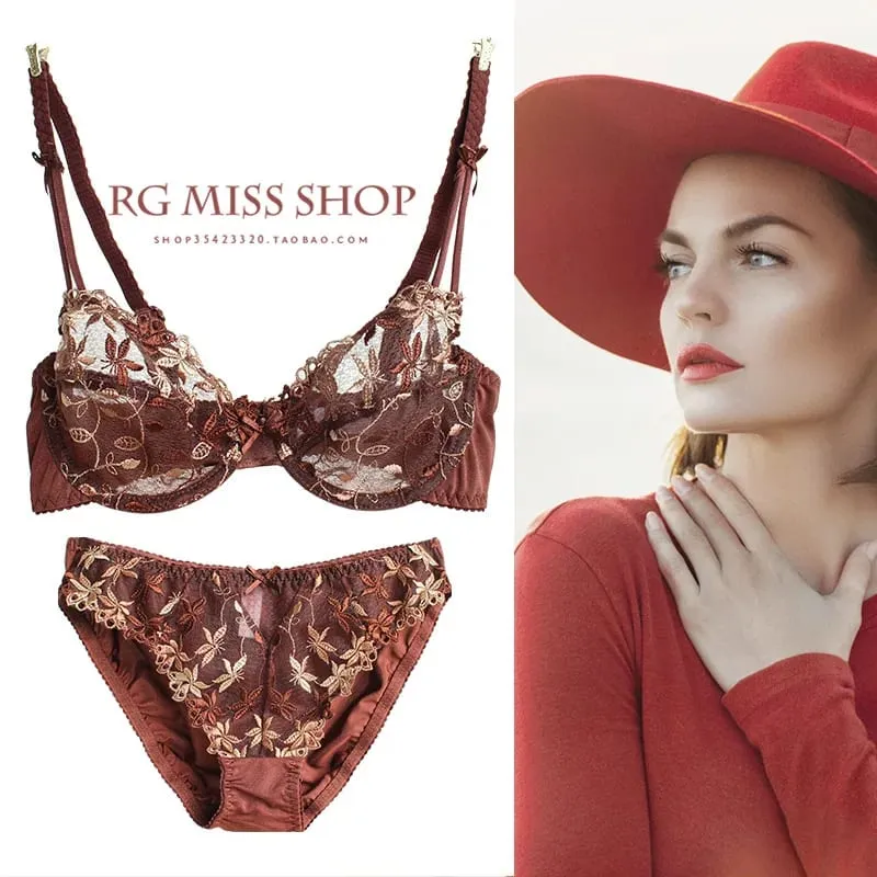 Pure Desire Victoria Thin Bra Set Lace Mesh Red Beautiful Back Sex Underwear Hold Up with Underwire Transparent Bra Woman